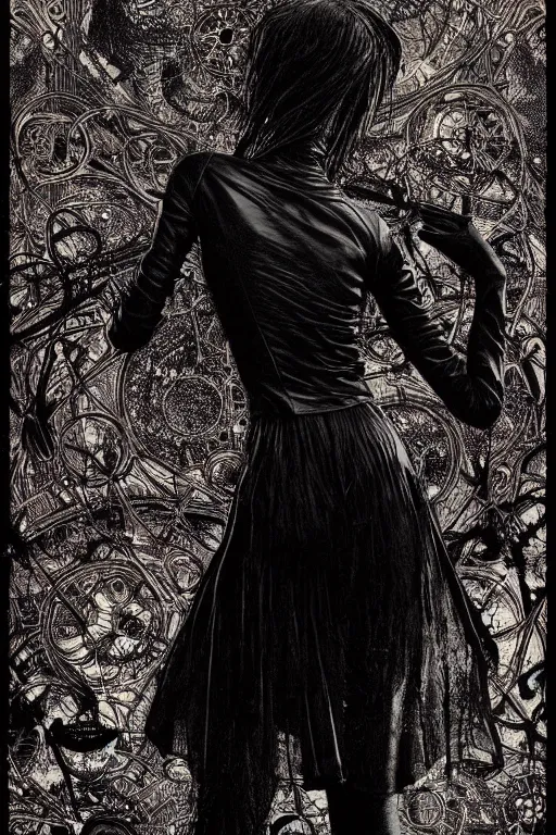 Prompt: dreamy gothic girl, black leather slim clothes, needles, beautiful body, detailed acrylic, grunge, intricate complexity, by dan mumford and by alberto giacometti, peter lindbergh