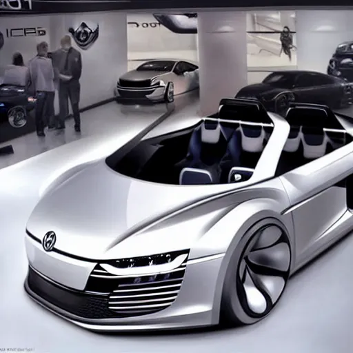 Image similar to a volkswagen r8 v10 concept car in a showroom :: Gran turismo 7 concept art