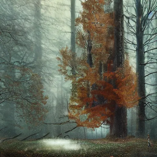 Prompt: steam punk spaceship in an autumn forest, snowing, green and brown tones, by Aron Wiesenfeld and beksincki, in the style Bev dolittle, cinematic, detailed illustration, nature, fog, dark colors, suspense, intricate, 8k in the style