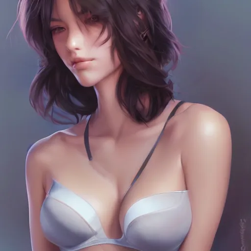 Prompt: portrait of a beautiful woman wearing a bra, by artgerm, sakimichan, krenz cushart