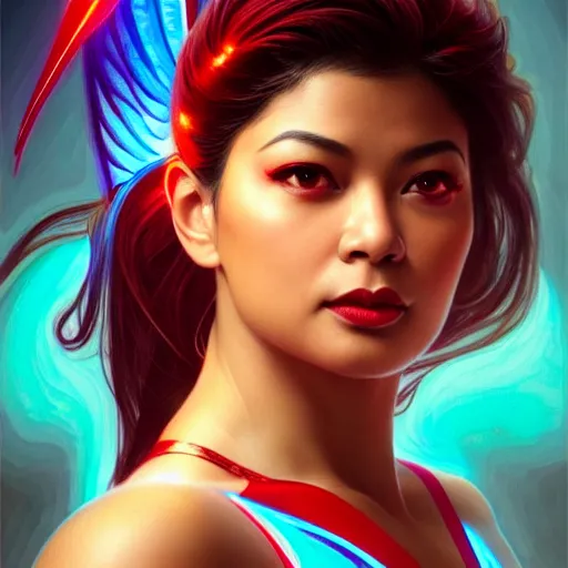 Image similar to angel locsin as darna, volumetric lights, red and cyan theme, art nouveau botanicals, intricate, highly detailed, digital painting, artstation, concept art, smooth, sharp focus, cinematic, illustration, beautiful face, art by artgerm and greg rutkowski and alphonse mucha