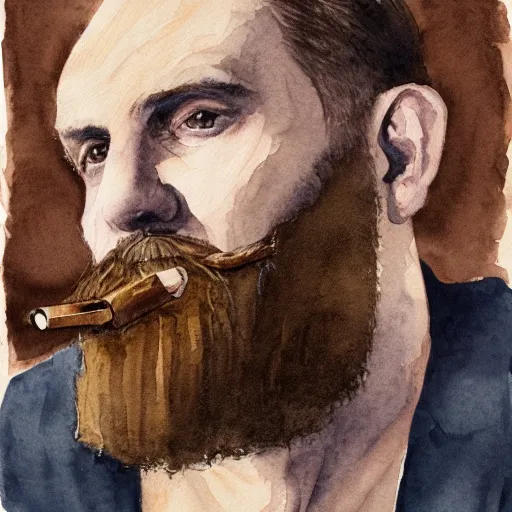 Prompt: watercolor painting of a man with a beard smoking a cigarette, he is wearing a brown sweater, dark style, dramatic lighting