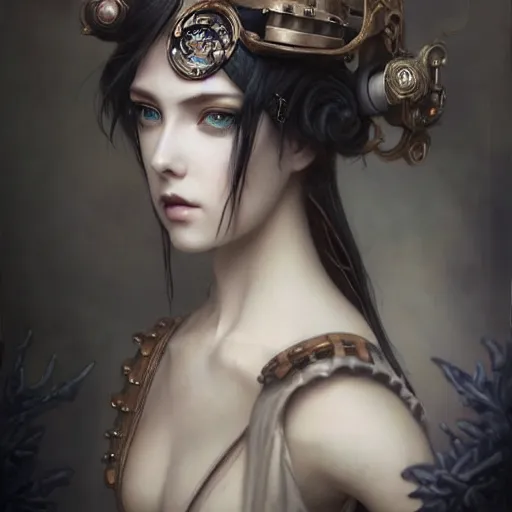 Image similar to By Tom Bagshaw, ultra realist soft painting of an attractive steampunk anime female porcelain miniature fully armored figurine with thin lustrous long hair floating, photorealistic eyes render looking at camera, curiosities carnival, symmetry accurate features, very intricate details, focus, dark fantasy background, black and white