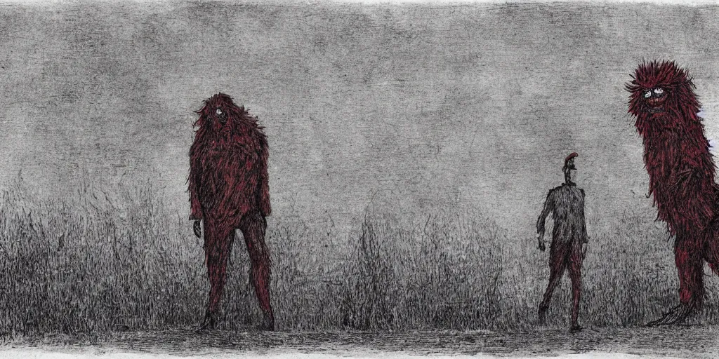 Prompt: a red hairy monster cryptid in Detroit Michigan in 1883 in the style of Ben Templesmith