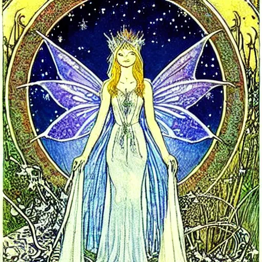 Prompt: Galadriel is crowned by fairies as their queen, the background is a fairy forrest, starry night, detailed, blue tones, silver, romantic, intricate fairy tale illustration from an old book by Walter Crane, Florence Harrison and Arthur Rackham