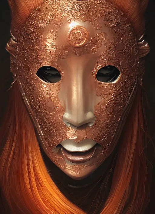 Image similar to a beautiful detailed oil on copper art illustration of a japanese obeshimi mask woman, centered, by charlie bowater, zeng fanzh, trending on artstation, dim dusk lighting, cinematic lighting, detailed lighting, volumetric lighting, realistic, f 8, 4 k hd wallpaper