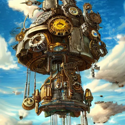 Image similar to flying city ontop of a mechanical flower, sky, fantasy art, steampunk