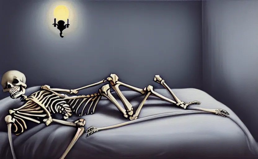 Image similar to matte oil painting of a skeleton dressed in pajamas and nightcaps and robes and slippers inside of a comfy bedroom, sleepy, cozy