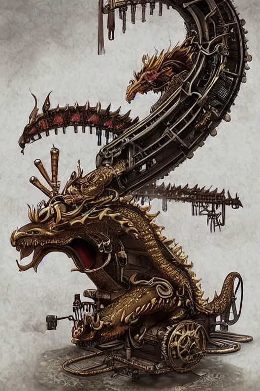 Image similar to illustration, old sick gold and crimsoned scaled asian style dragon on a steam punk plank of machinery with wires and gears and steam punk apparatus, matte painting, style of studio ghibli, featured in artstation and artgerm and pixiv, award winning, cinematic, intricate, 8 k