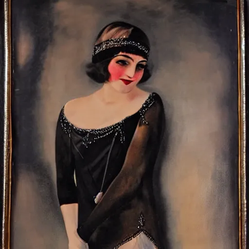 Prompt: a 1 9 2 0 s flapper woman offering her hand to dance in black satin gloves, enticing the viewer to join a jazz party taking place behind her in a dimly lit speakeasy, circa 1 9 2 4, depth of field, oil on canvas