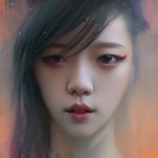 Image similar to jisoo of blackpink, hyperrealistic portrait, bladerunner street, by karol bak and agnes cecile, fantasy art, photo realistic, dynamic lighting, artstation, poster, volumetric lighting, very detailed face, 8 k, award winning