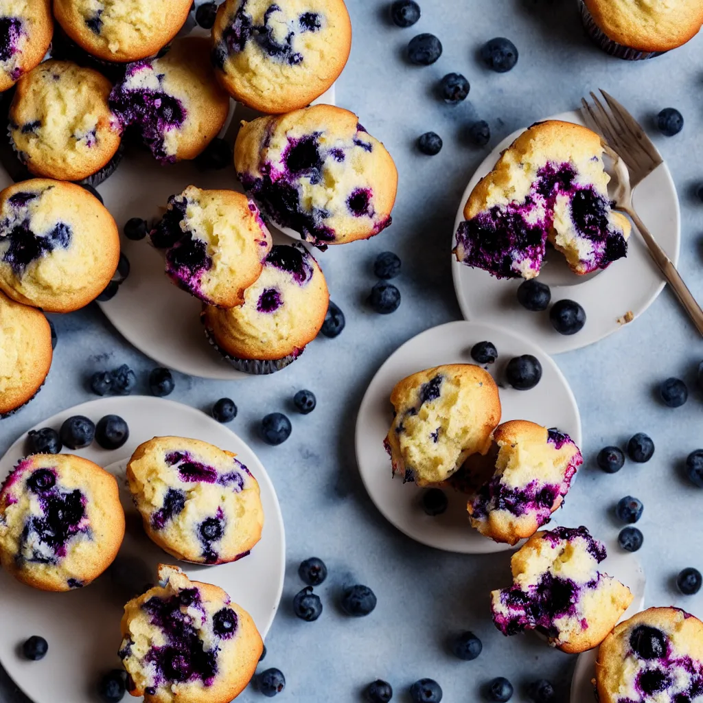 Image similar to a plate with blueberry cupcakes, dynamic lighting, bokeh, hyper realistic, award winning food photography