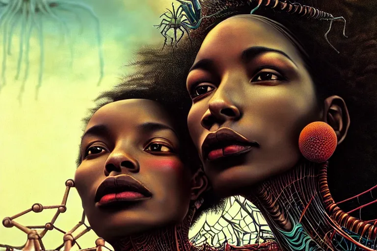 Image similar to realistic detailed closeup portrait movie shot of a beautiful black woman with a giant spider, dystopian city landscape background by denis villeneuve, amano, yves tanguy, alphonse mucha, max ernst, ernst haeckel, kehinde wiley, caravaggio, roger dean, cyber necklace, rich moody colours, sci fi patterns, wide angle