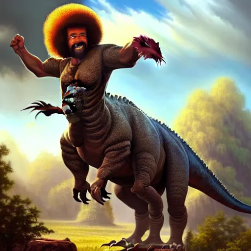 Image similar to bob ross!!! riding! a dinosaur!!, giant afro!, model pose, ultra realistic, concept art, intricate details, highly detailed, photorealistic, octane render, 8 k, unreal engine. art by artgerm and greg rutkowski and alphonse mucha