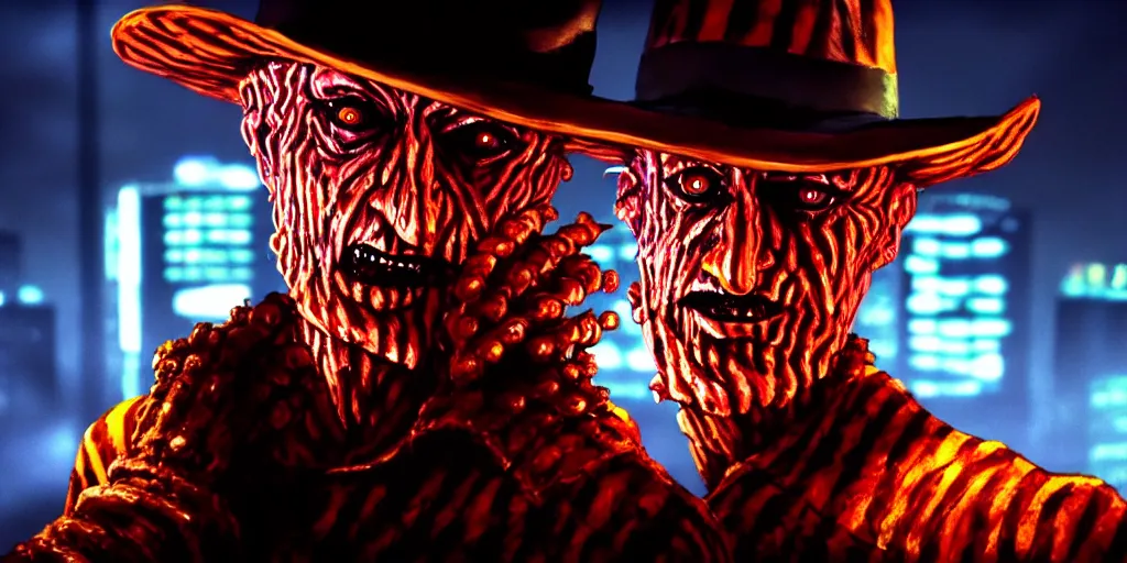 Image similar to a portrait of freddy krueger in a cyberpunk city, pixar, dramatic lighting