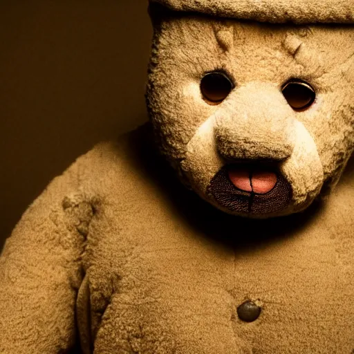 Image similar to Portrait studio photograph of Kanye West & an anthropomorphic teddy bear, close up, shallow depth of field, in the style of Felice Beato, Noir film still, 40mm