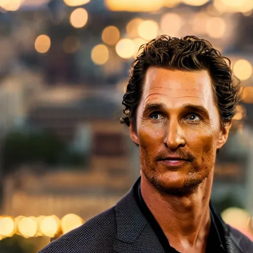 Image similar to a still of matthew mcconaughey . He's looking at the camera. HD. Shallow depth of field. City at night in background, lights, colors ,studio lighting, mood, 4K. Profession photography