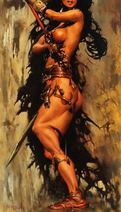 Prompt: alluring warrior princess by Frank Frazetta,oil painting