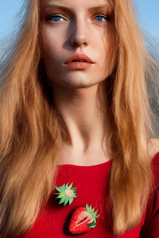 Prompt: olive skinned strawberry - blonde female model in her twenties, wearing a gucci dress, looking content, focused on her neck, photo realistic, extreme detail skin, natural beauty, no filter, slr, golden hour, 4 k, high definition, selfie