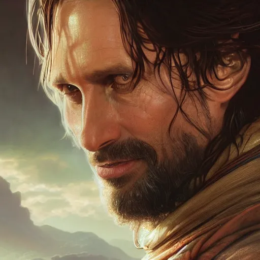 Image similar to a portrait of aragorn cinematic lighting, photorealistic, octane render, 8 k, depth of field, 3 d, art by artgerm and greg rutkowski and alphonse mucha and uang guangjian and gil elvgren and sachin ten