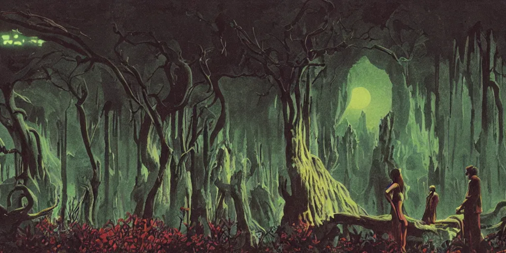 Image similar to Artwork by Dean Ellis of the cinematic view of the Celestial Forest of Buried Enchantments.