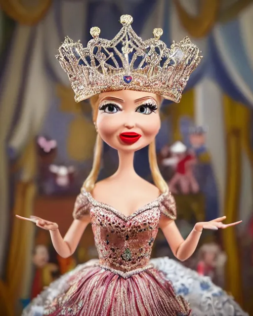 Prompt: highly detailed closeup, face profile portrait of a tin toy ivanka trump as a fairytale princess wearing a crown and eating cakes, bikini, depth of field, nicoletta ceccoli, mark ryden, lostfish, dan decarlo, bob clampett, max fleischer, breathtaking, detailed and intricate environment, 8 k resolution, hyperrealistic, octane render