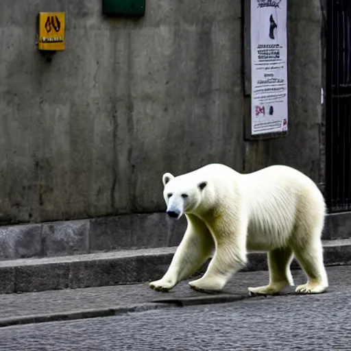 Image similar to a polar bear walking through the streets of rio de janeiro. photo. award - winning photography.