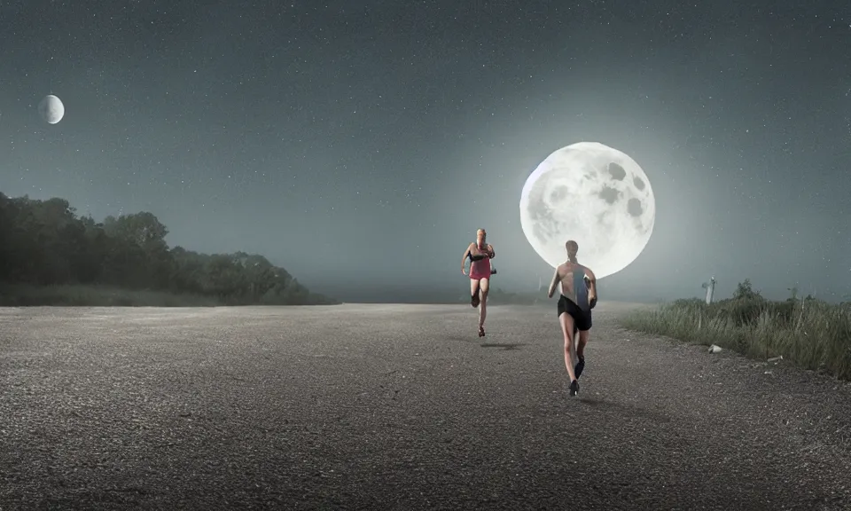 Prompt: a runner was running alone beneath the gaint moon,featured in artstation, cinematic, elegant, 8k