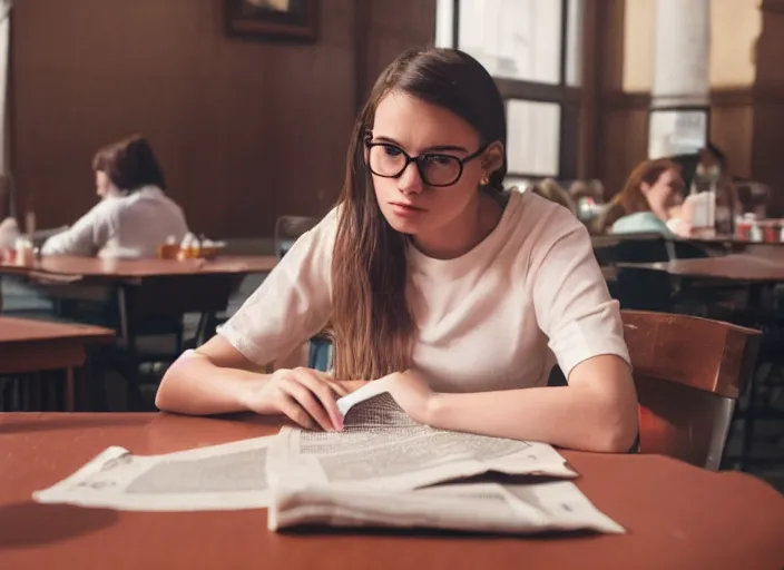 Prompt: film still. young woman. sitting at a table. reading a newspaper. in public cafeteria. extremely detailed. 4 k.