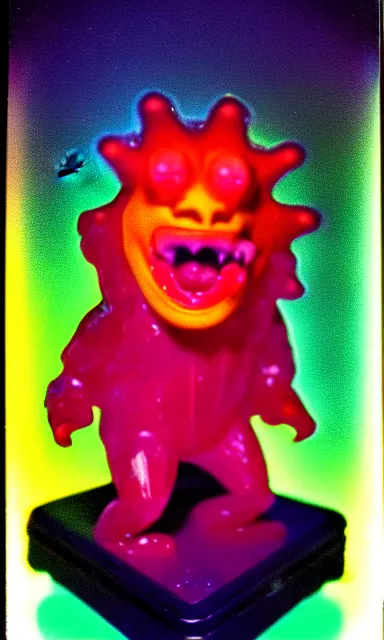 Image similar to colorful crystal gary busey creature, 9 0 s toy commercial, photo from the 7 0 s, horror lighting, neon lighting, polaroid photo,