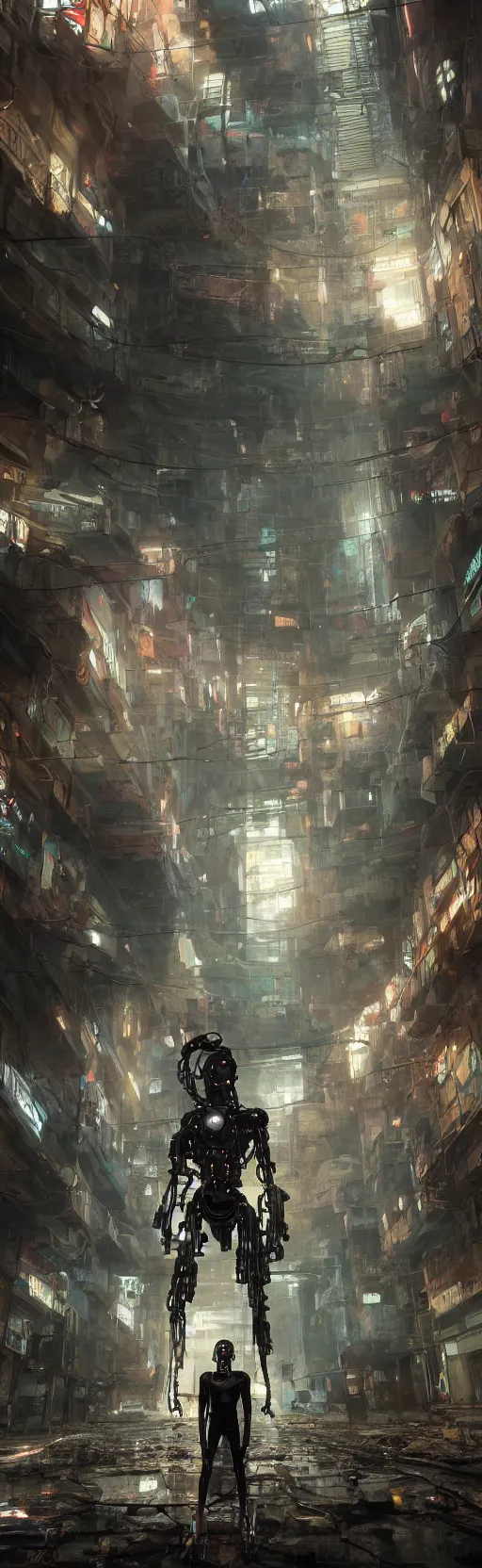 Image similar to portrait of a cyborg, standing in a hall of abandoned cyberpunk megacomplex; hyperrealistic, 4K wallpaper, cinematic lighting, highly detailed and beautiful