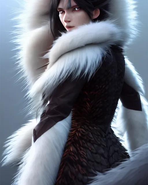 Image similar to dragon hunter wearing a fur - lined dragonhide jacket!!! beautiful and gorgeous elegant white long haired female!! symmetry, character concept art, sharp focus, illustration, art by artgerm!! greg rutkowski magali villeneuve wlop! ilya kuvshinov!!! charlie bowater! octane render, unreal engine 5! highly rendered!!