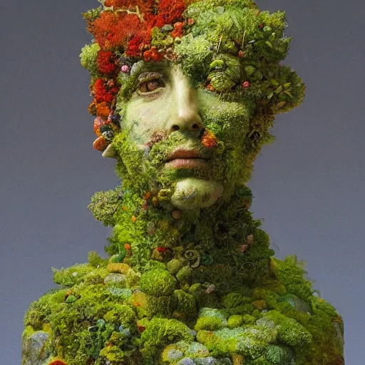 Image similar to a sculpture portrait made of moss and coral reefs and crystals and plants, painting part by wojciech siudmak, part by ilya repin, part by max ernst, part by norman rockwell, artstation