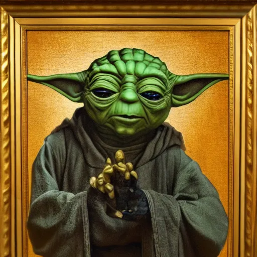 Image similar to a portrait painting of yoda from star wars in a renaissance style hanging in the louvre