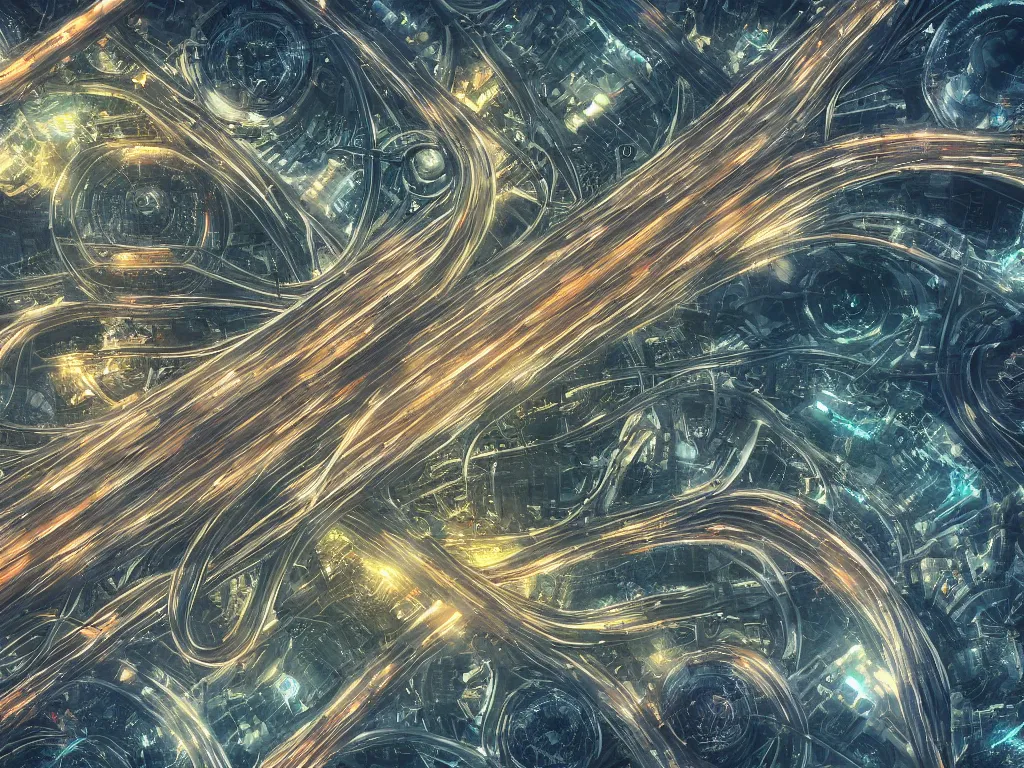 Image similar to highly complex highway in a utopian civilization seen from above, sci-fi, digital painting, trending on artstation, deviantart, 8k, epic composition, intrinsic details, AAA graphics