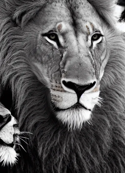 Image similar to close up lion and lioness black and white portrait white sky in background