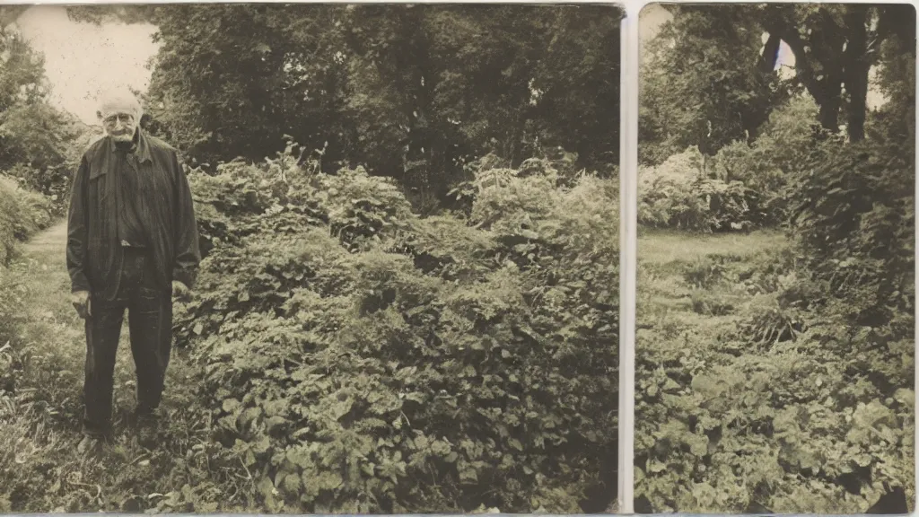 Prompt: polaroid sample photo of an old man in a garden