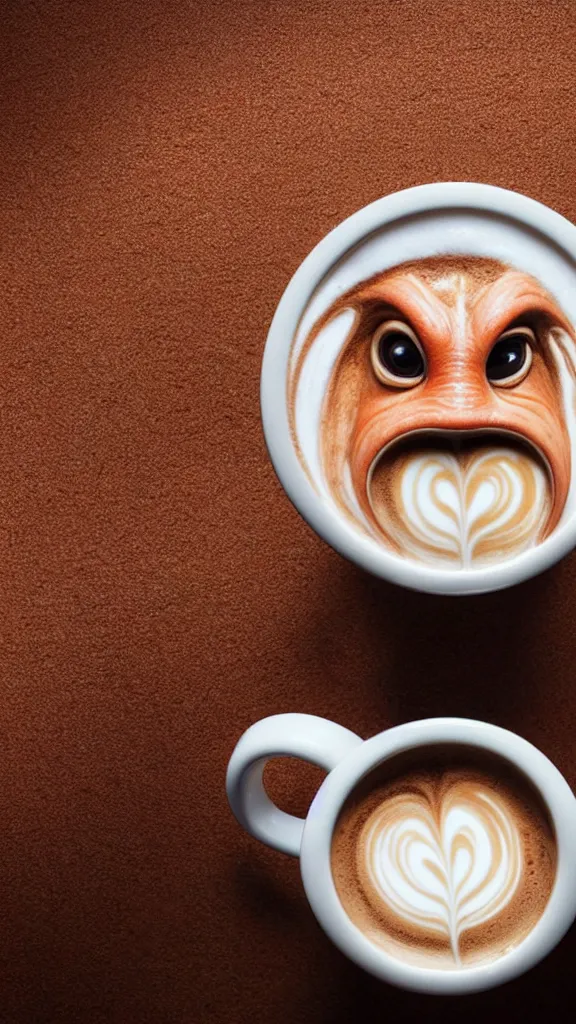 Prompt: a mug of coffee with a milk portrait of jar jar binks in it. style of latte foam art, with a focus on jar jar's floppy ears. color harmony, 8 k detail, gallery quality, hd wallpaper, premium prints available, hyper - detailed, intricate design.