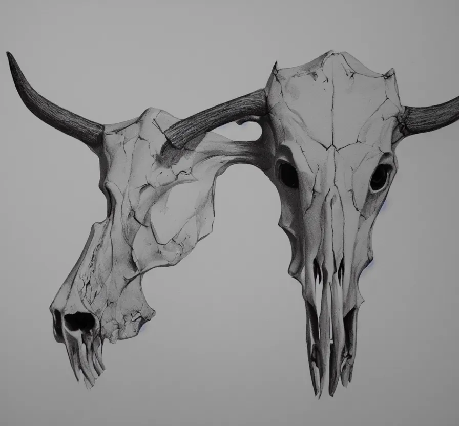 Image similar to cow skull, pencil drawin, unreal engine 5, wallpaper, 8 k, ultra detailed, realistic photo, artstation