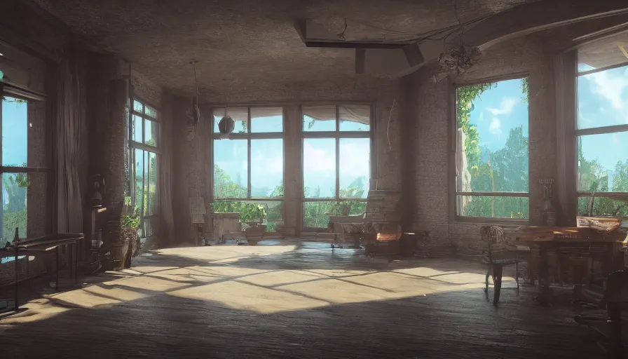 Image similar to Interior! in Unreal Engine 5 with Fantastic Landscape outside, High Quality Rendering, Octane, Redshift, Raytraced, 4k