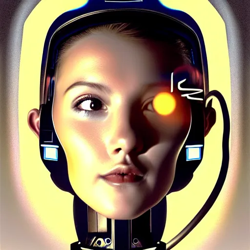 Image similar to portrait of the beautiful young robotic pilot of jets, surreal, fantasy, intricate, mechanical, elegant, dramatic lighting, emotionally evoking symbolic metaphor, highly detailed, gears, lifelike, photorealistic, digital painting, painterly, artstation, concept art, smooth, head in focus, sharp focus, background aerial battle, illustration, art by John Collier and Krenz Cushart and Artem Demura and Alphonse Mucha and Albert Aublet,