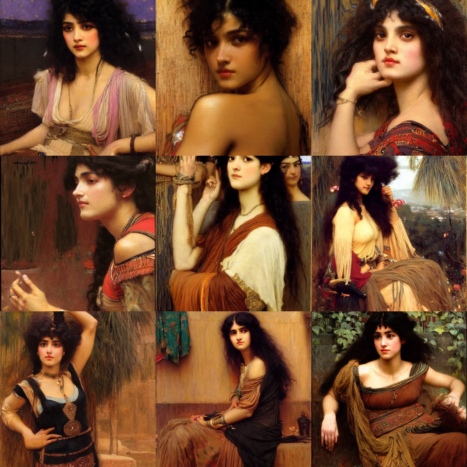 Image similar to orientalist painting of bangs, curly black hair woman with brown skin portrait by john william waterhouse and Edwin Longsden Long and Theodore Ralli and gaston bussiere. Cinematic, hyper realism, dramatic lighting, high detail 8k