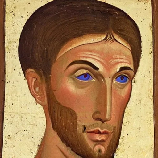 Image similar to A 11th century Italo-Byzantine painting of Jerma985, portrait of Jerma985, grainy, realistic, very realistic, hyperrealistic, highly detailed, very detailed, extremely detailed, very neat, very epic, very cool, detailed, trending on artstation