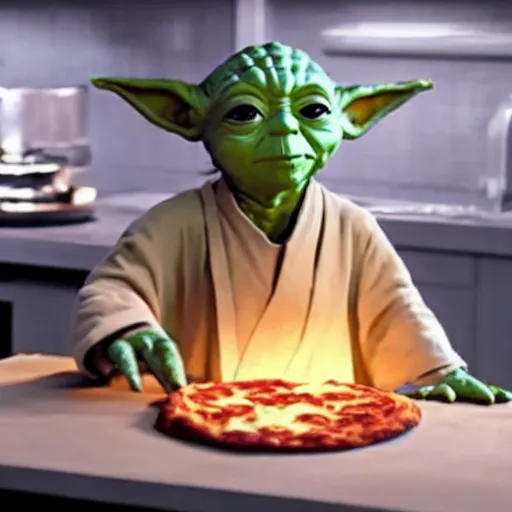 Image similar to A still of Yoda making a pizza in Masterchef, 4k, photograph, ultra realistic, highly detailed, professional lighting