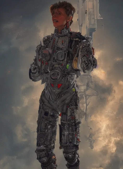 Image similar to detailed full body concept art illustration oil painting of a david bowie pilot in full intricate clothing, ultra detailed, digital art, octane render, 4K, dystopian, micro details