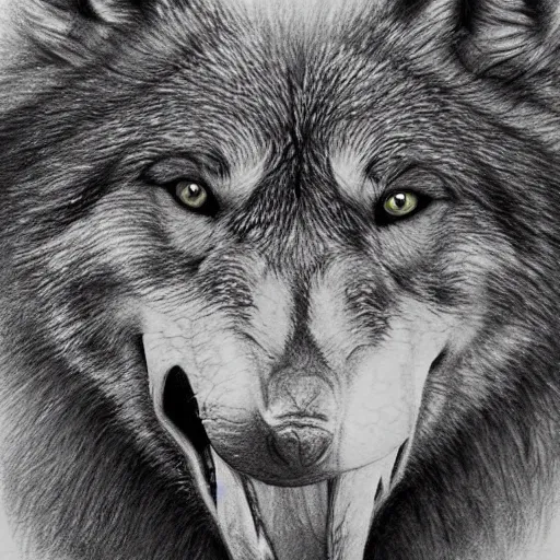 Prompt: Pencil sketch of a man's face emerging from a wolfs mouth, detailed, trending