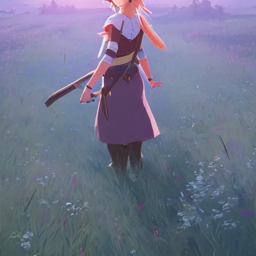 Image similar to zelda in a field. cgsociety masterpiece, artstation trending, by rossdraws, ghibli, kimi no na wa, greg rutkowski, simon stalberg, greg manchess