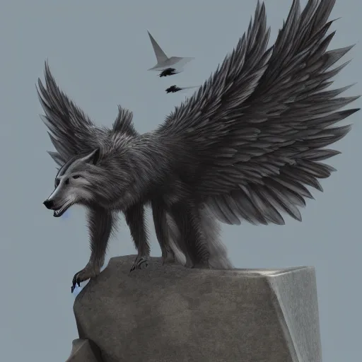 Prompt: A wolf with the wings and beak of a crow perched on top of a stone obelisk, trending on artstation., hyperdetailed, artstation, cgsociety, 8k