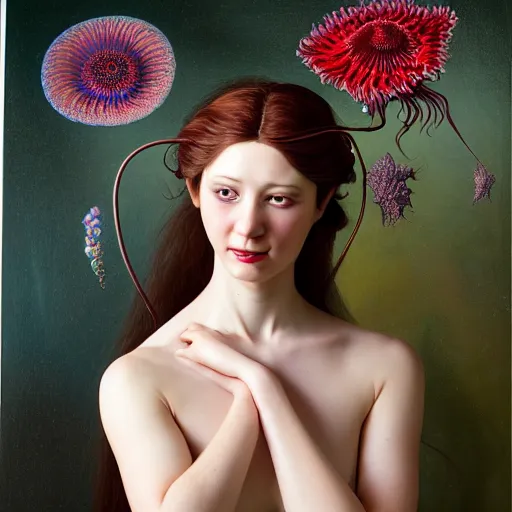 Prompt: portrait of a young attractive nerdy woman in flowing sensual dress, arrogant, long fine flowing hair, delicate, looking at camera, slightly awkward smile, realistic face, realistic hands, stylish, elegant, grimdark fantasy, flowers, extremely detailed painting inspired by Gerald Brom and Ernst Haeckel and Monia Merlo, studio lighting