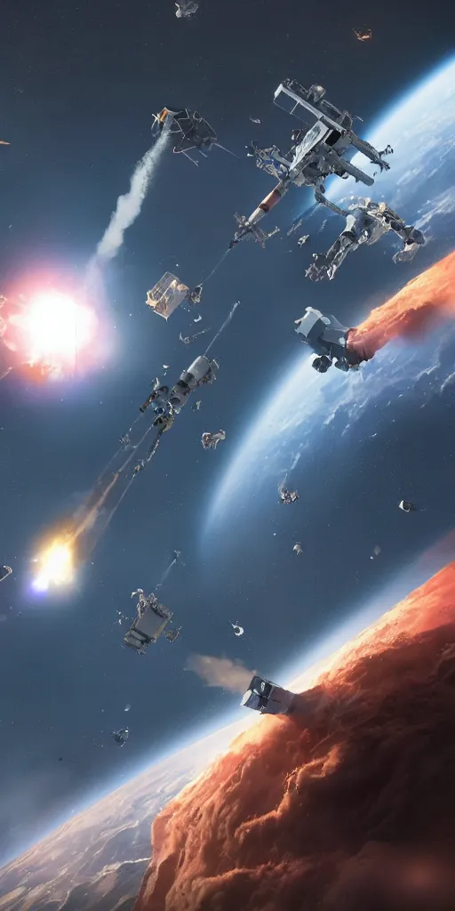 Image similar to concept art, robot launches missiles in space to destroy satellites, octane rendering, unreal engine.